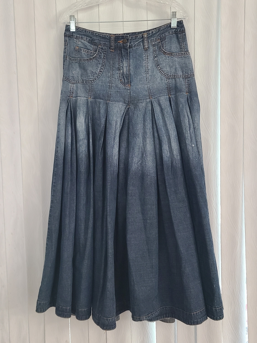 Jeanology Collection Sz 6 Denim Cotton Pleated Casual Boho Full Maxi Dress